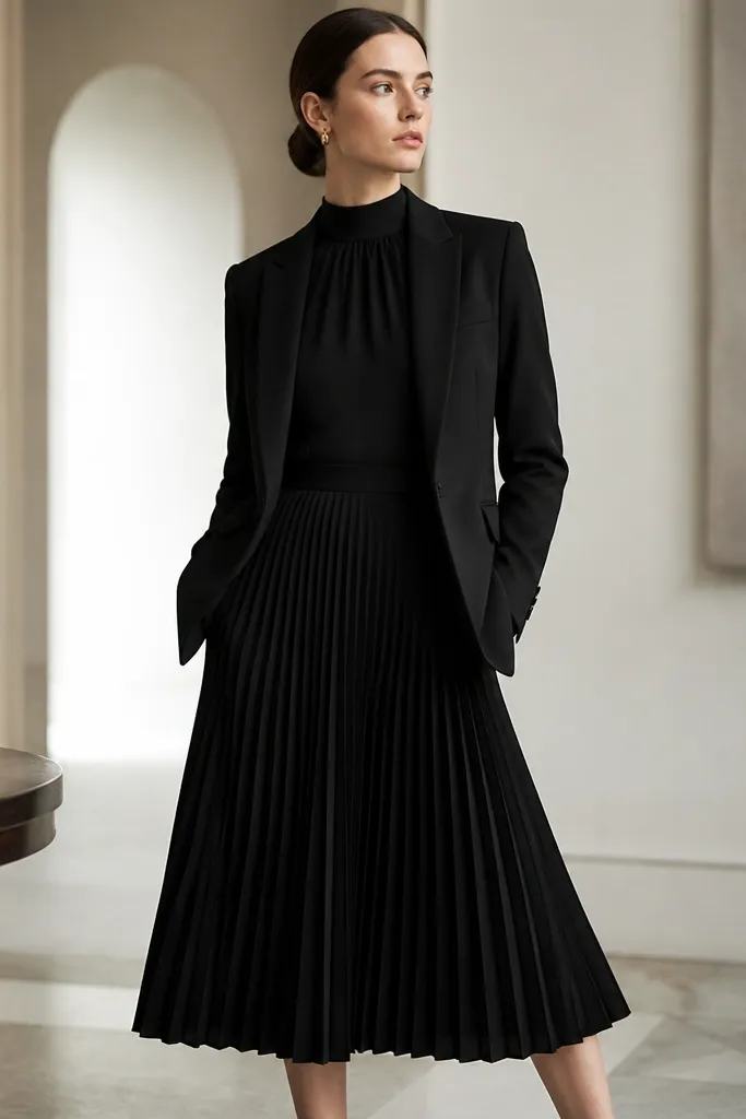 A black crepe pleated midi dress with a high neckline, layered with a black blazer; the skirt has fine pleats that start at the waist.
