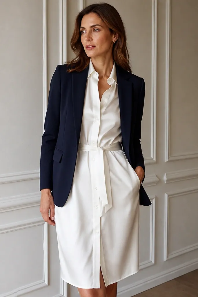 A white satin shirt dress with a button front and a tied belt, worn with a navy blazer; the hem falls to the knee.