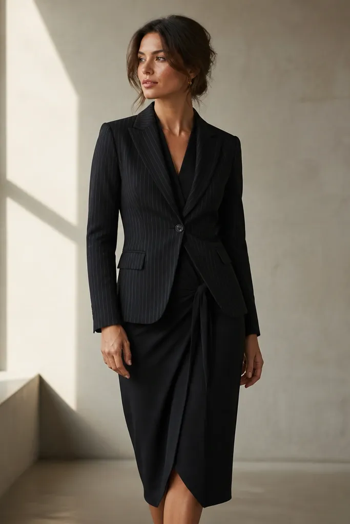 A black wrap midi dress with long sleeves and a tie waist, styled with a black blazer featuring subtle pinstripes; the blazer is buttoned.