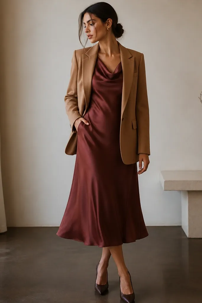 A rosewood satin drape dress with a cowl-like neckline, layered under a camel blazer; the hem is mid-calf and the fabric looks fluid.