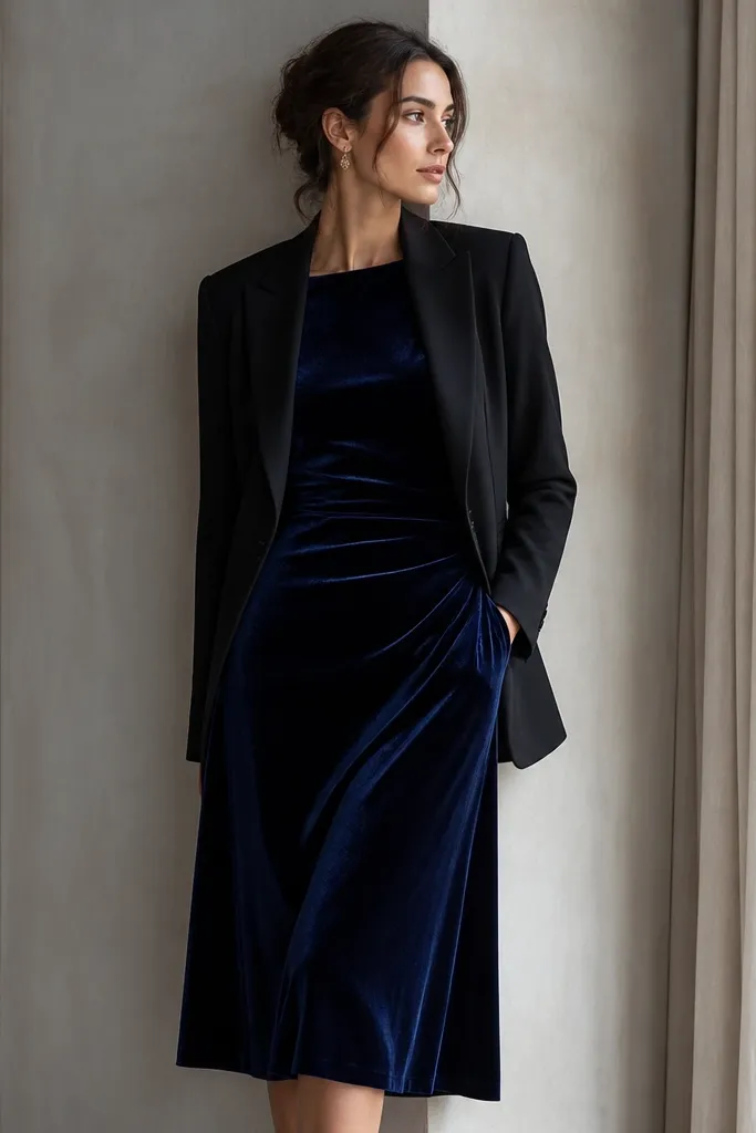 A deep navy velvet midi dress with long sleeves and a simple neckline, layered with a black blazer; the velvet has a soft sheen under light.