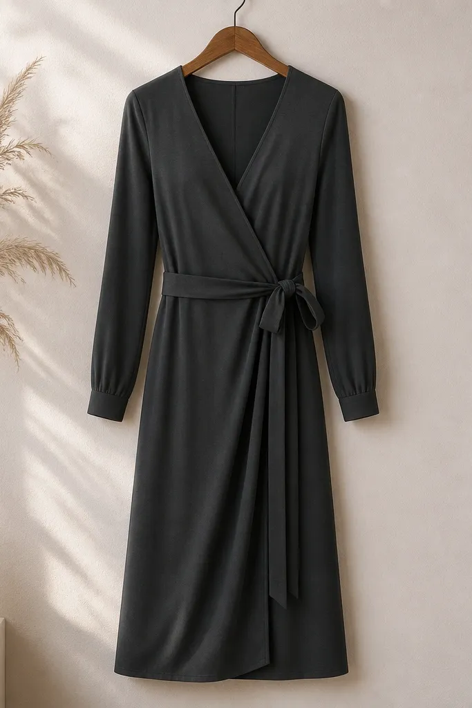 A charcoal gray wrap midi dress on a hanger, showing a neat V neckline, long sleeves, and a self-tie belt with a smooth drape; the hem hits mid-calf.