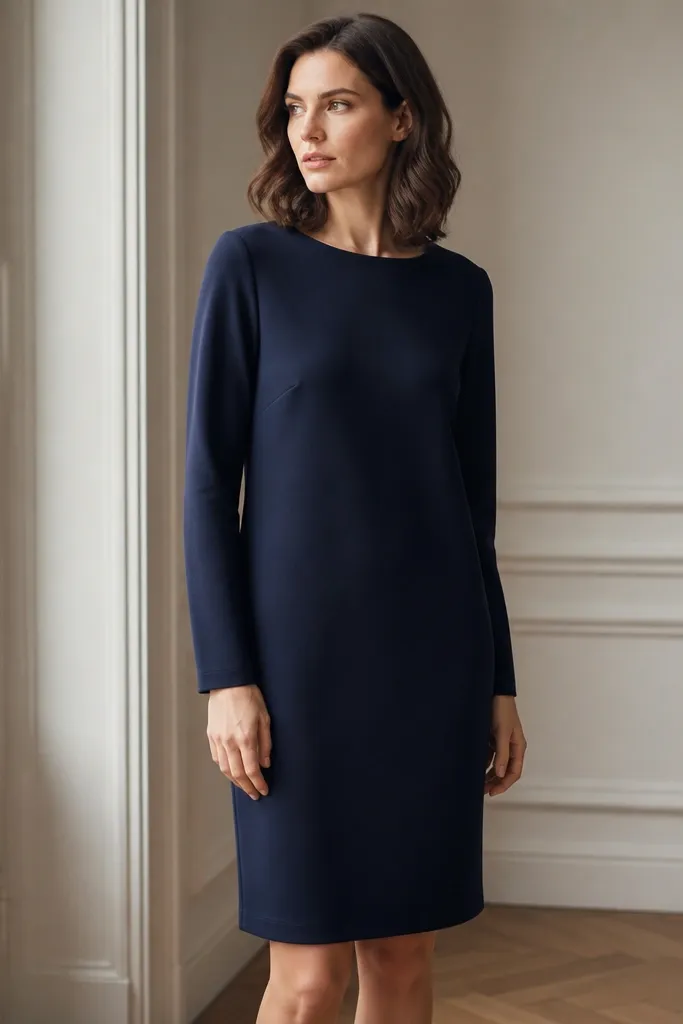 A deep navy shift dress with long sleeves and a simple crew neckline, no visible waist seam, straight silhouette, and hem right at the knee.