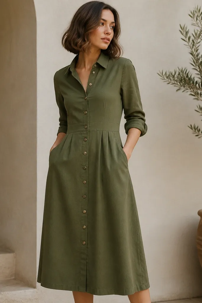 An olive green button-front dress with a pointed collar, long sleeves rolled to the forearm, and a midi hem; brass-like buttons run down the center.