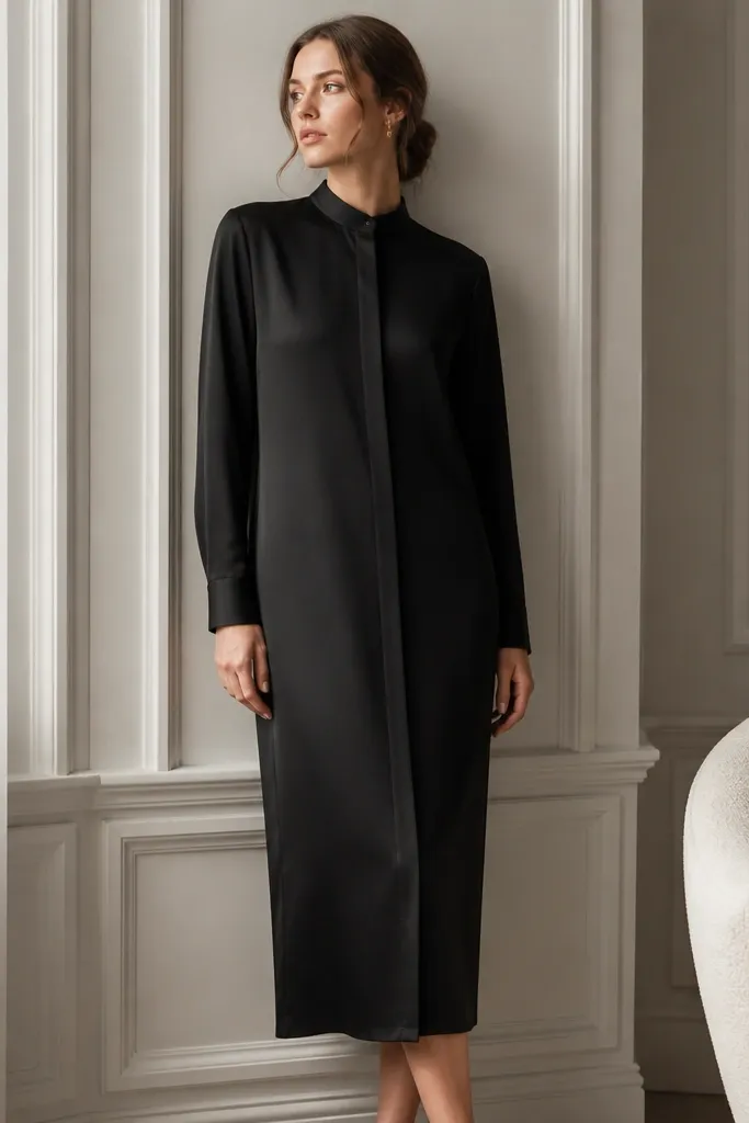A black dress with a matte satin finish, long sleeves, a straight column shape, and a hidden placket that creates a smooth front line; hem reaches mid-calf.