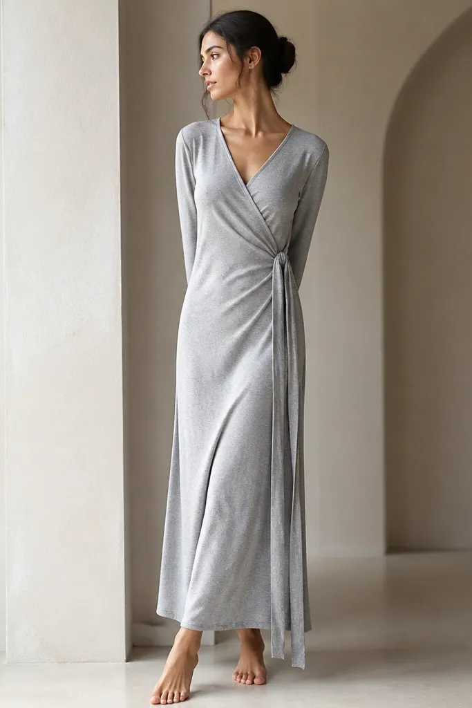 A heather light gray wrap dress with long ties hanging down the side, long sleeves, and a V neckline; the hem sits just above the ankle.