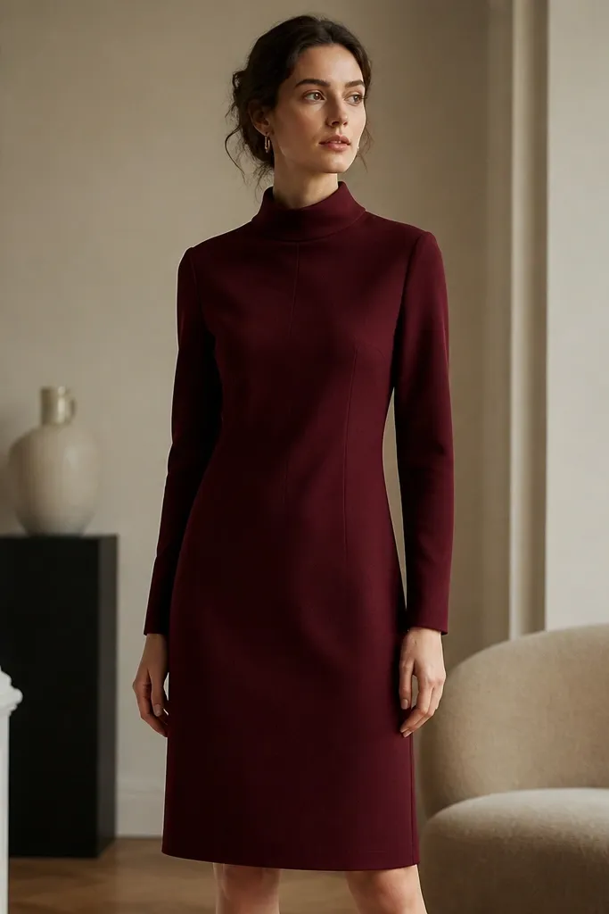 A deep burgundy dress with a structured mock neck, long sleeves, and a knee-length shift silhouette; the fabric looks matte and dense.