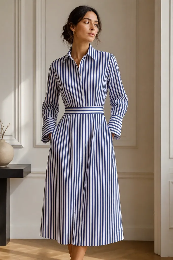 A navy and white vertical striped shirt dress with a pointed collar, long sleeves with French cuff style, and a midi hem.