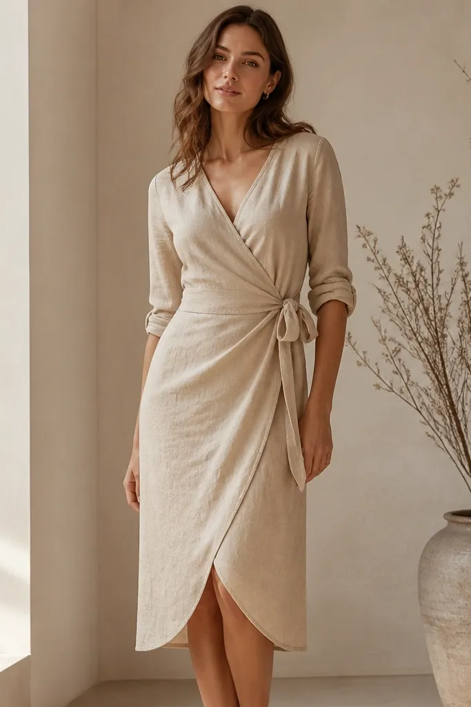 A sand beige wrap dress made of linen-viscose blend, with long sleeves rolled to mid-forearm, a V neckline, and a midi hem; the fabric shows light texture.