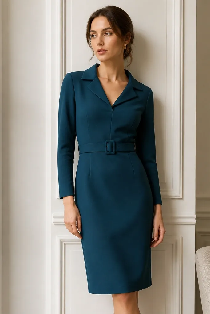 A deep teal ponte dress with a notched collar, long sleeves, and a built-in belt with a buckle; hem hits knee.