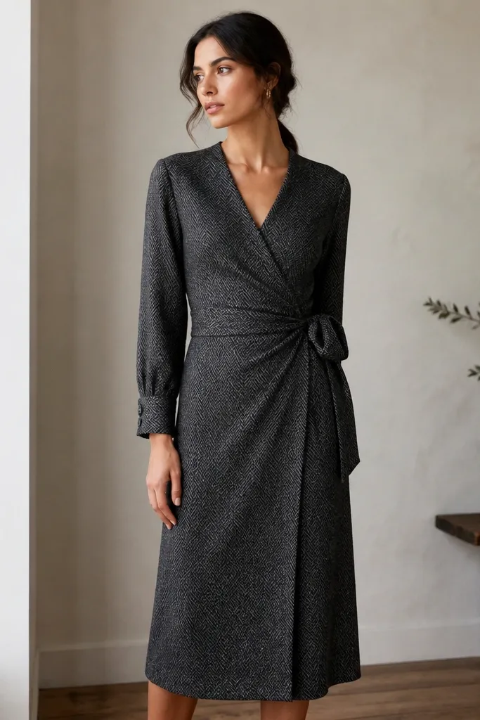 A charcoal herringbone patterned wrap dress with long sleeves, cuff tabs, and a midi hem; the wrap tie sits at the side.