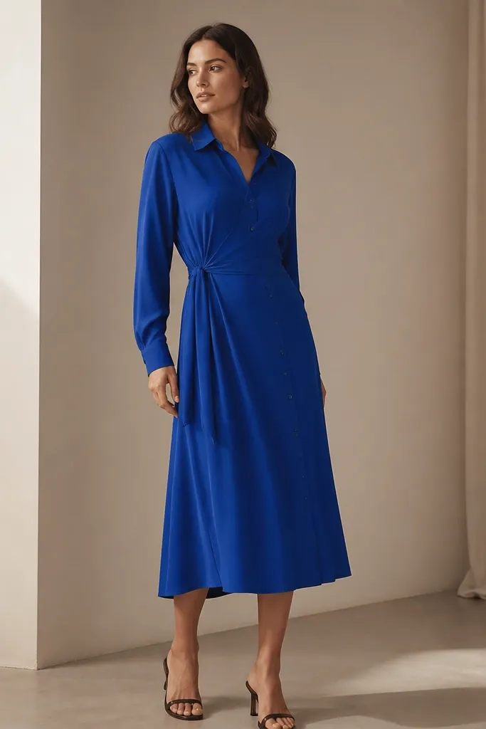 A cobalt blue crepe shirt dress with a button front, long sleeves, and a tie-back waist detail; hem is mid-calf.