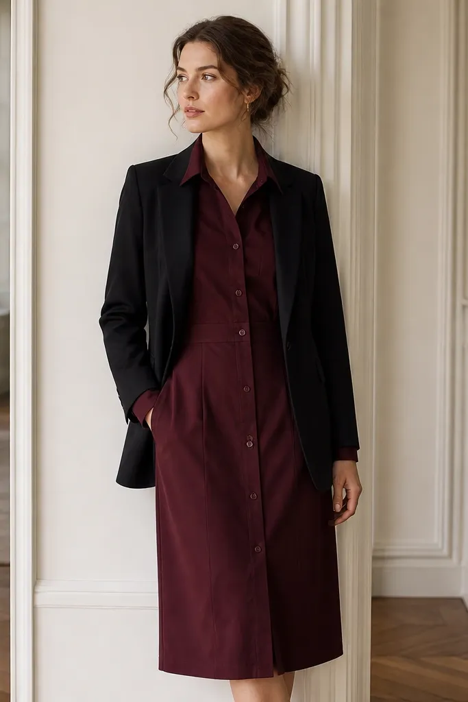 A black blazer worn over a burgundy button-front shirt dress. The dress has long sleeves with button cuffs and a structured collar. The hem is slightly below the knee, and the fabric looks like cotton twill or poplin with a matte texture.