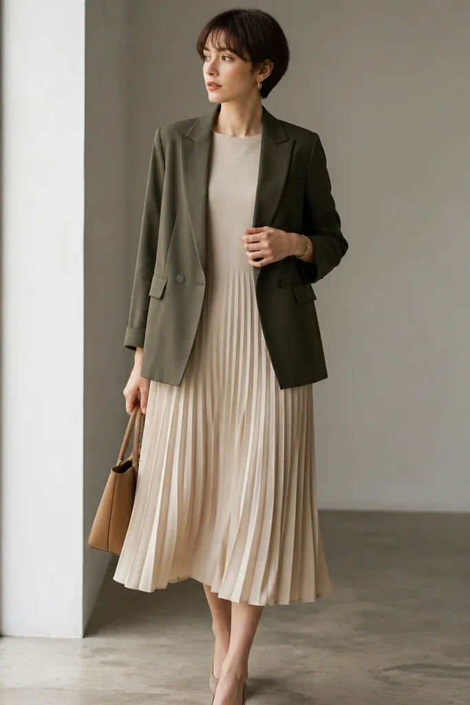 An olive blazer over an oatmeal midi dress with small knife pleats. The neckline is a simple crew or shallow V. The pleats move subtly, and the hem hits mid-calf. The fabric looks like a light wool blend or structured poly with a soft sheen.