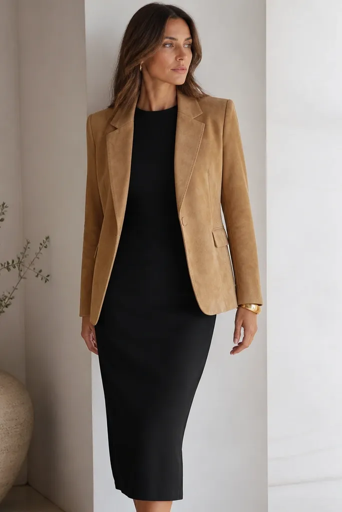 A tan suede blazer with a clean notch collar worn over a black ponte column dress. The dress is straight and fitted through the body, with a mid-calf hem. The suede has a soft nap texture visible in the light.