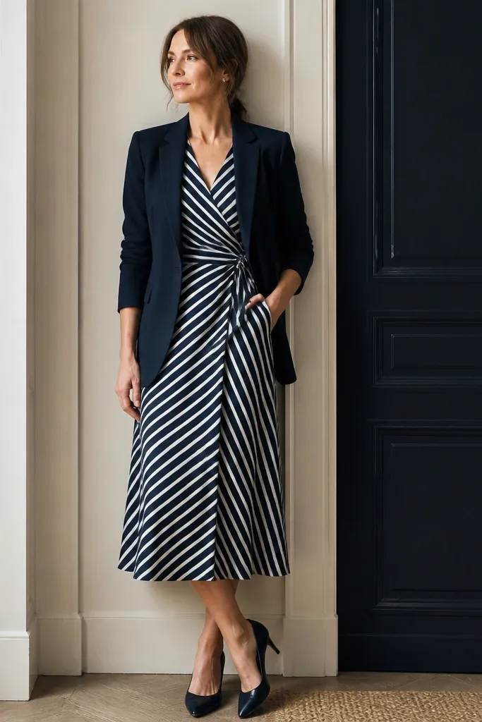A navy blazer over a navy-and-white striped wrap dress with a V-neck. The dress wraps at the waist and falls to the mid-calf. The stripes are crisp, and the fabric looks like a medium-weight woven with a soft drape.