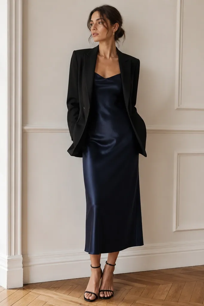 A black blazer over a dark navy slip dress. The slip has spaghetti straps and a smooth satin-blend sheen. The hem reaches the mid-calf. The straps sit flat and the neckline looks smooth under the blazer.