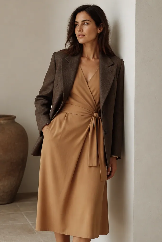 A brown wool blazer worn over a camel wrap dress with a midi hem. The wrap tie is visible at the waist and the V-neck is moderate. The fabric looks like medium-weight wool or crepe with a smooth surface.