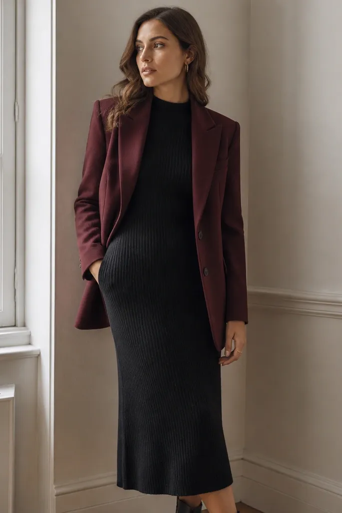 A burgundy blazer worn over a black ribbed knit midi dress with a high neckline. The dress is fitted through the torso and flows straight to mid-calf. The knit has visible ribs and a matte finish.