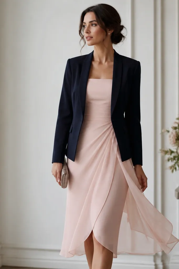 A navy blazer over a blush dress with a chiffon overlay. The base dress looks smooth and fitted, while the top layer has a soft, airy texture. The hem is midi and the chiffon drapes lightly.