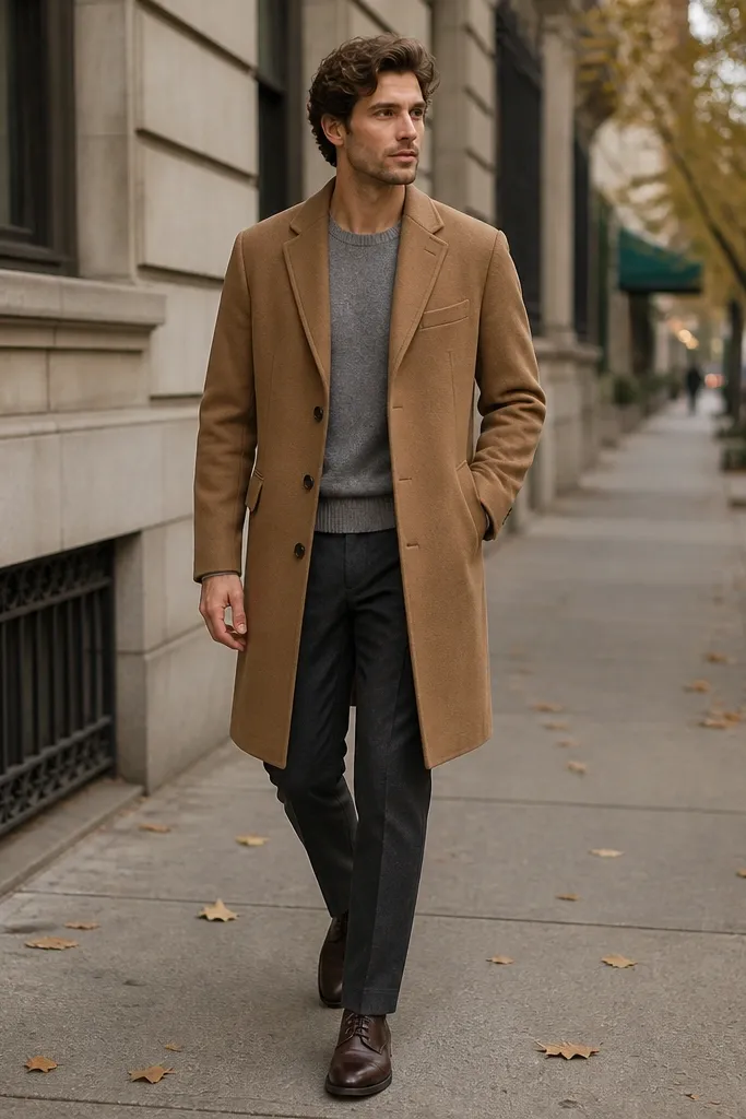 A man in a camel wool overcoat with a notched lapel over a heather-gray crewneck sweater. He wears charcoal wool flannel trousers with a straight leg and dark brown leather lace-up shoes. The background looks like a city sidewalk in late autumn.