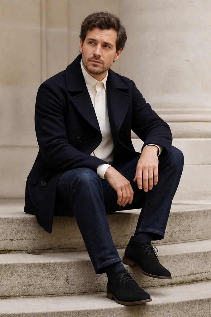 A navy peacoat over a cream button-down Oxford shirt. The shirt collar is crisp and the top button is done. The man pairs it with dark indigo jeans and black suede chukkas.