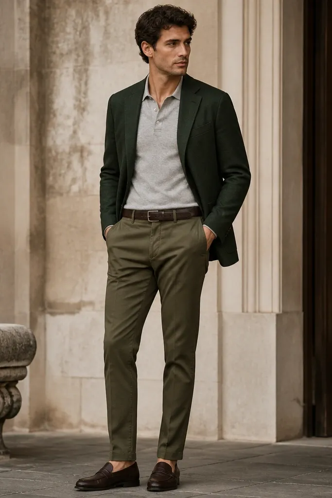 A deep forest green wool blazer worn open over a light gray knit polo. The pants are olive chinos with a slight taper. The shoes are dark brown loafers, and there's a simple leather belt.