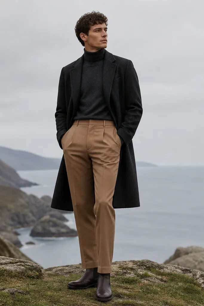A charcoal merino turtleneck tucked into camel wool trousers. The man wears a long charcoal overcoat and dark leather boots. The scene is outdoors with overcast sky.