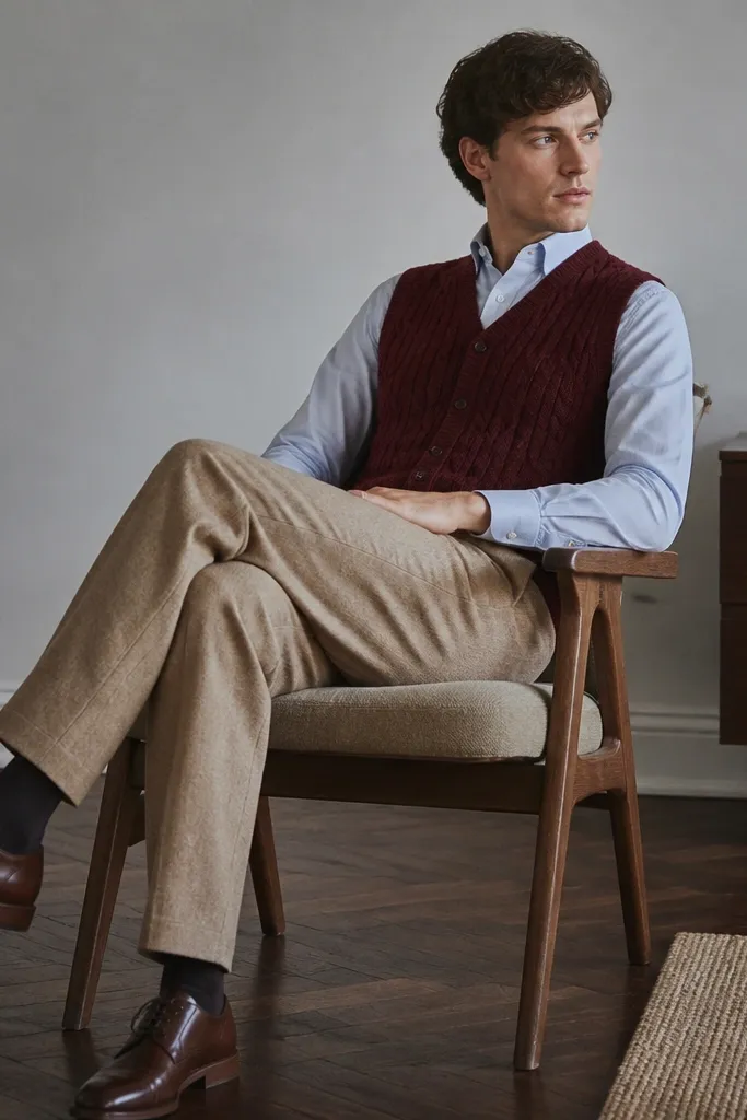 An oxblood cable-knit sweater vest layered over a light blue dress shirt. The shirt collar is visible and the vest is buttoned. The man wears tan wool trousers and brown leather derby shoes.