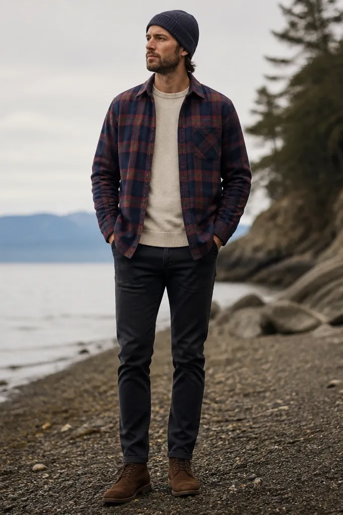 A plaid flannel overshirt in muted red and navy over a cream crewneck. The man wears dark slim trousers and brown suede chukkas. A wool beanie sits on his head.