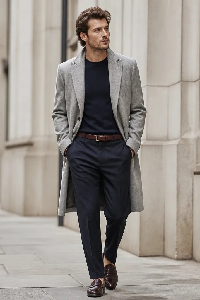 A light gray wool topcoat worn over a simple navy crewneck and navy suit trousers. The man wears a burgundy leather belt and dark loafers.