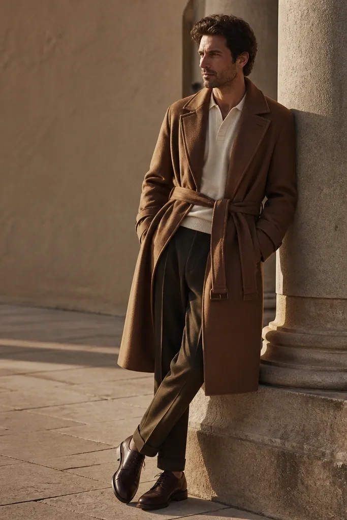 A tobacco brown mac coat with a belt worn over an ecru knit polo. The man wears dark olive trousers and dark leather lace-ups. The lighting is warm, like late afternoon.