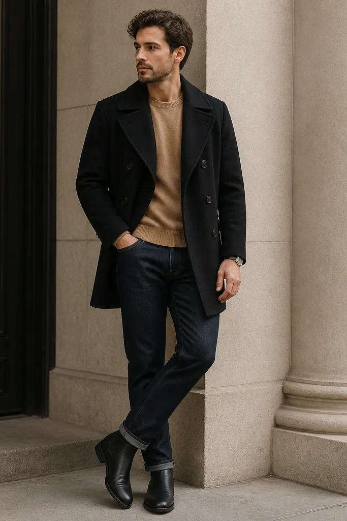 A black peacoat over a camel crewneck sweater and dark indigo jeans. The man wears black leather boots with a low heel and a simple silver watch.