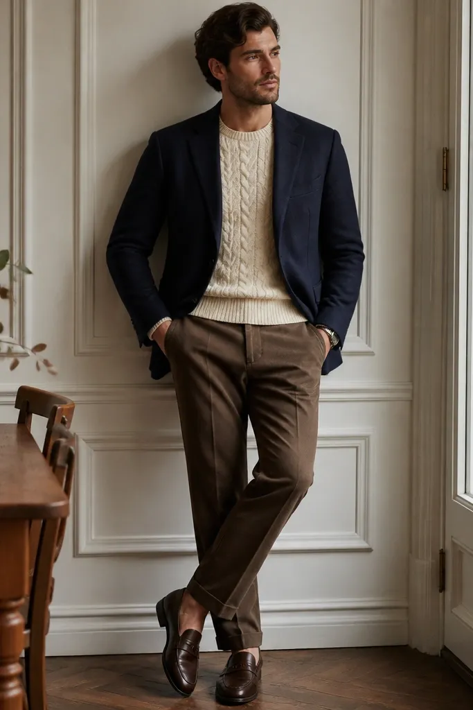 A navy blazer worn over a cream cable-knit sweater. The pants are medium brown wool trousers. The man wears dark brown leather loafers and a simple leather wallet in his pocket.
