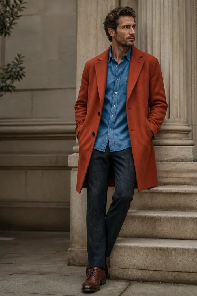 A rust-orange overcoat over a blue chambray button-down. The shirt is worn untucked with the coat covering the waistband. The man wears dark charcoal trousers and brown leather oxfords.