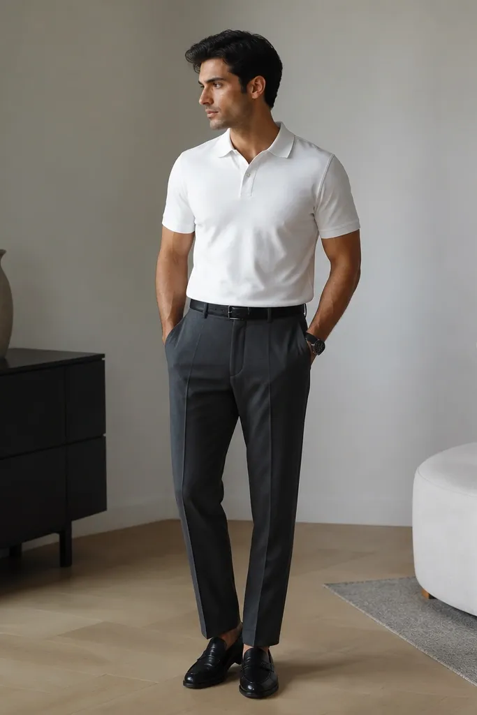 A white polo tucked into charcoal tailored trousers. Black leather loafers with a clean toe. Minimal accessories: a black watch and a simple black belt.