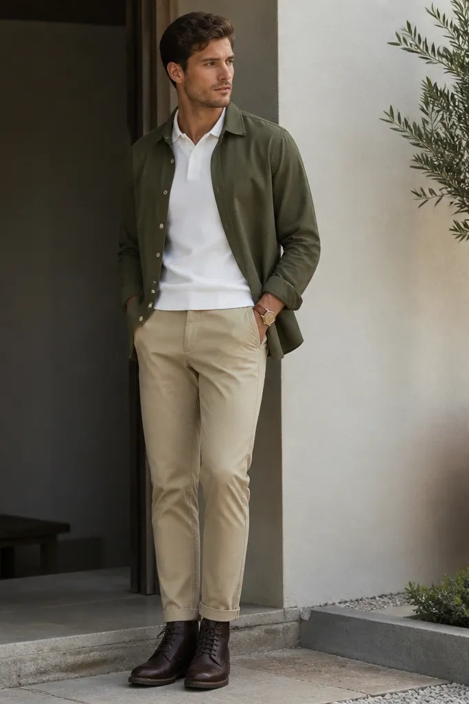 A white polo under an olive button-up overshirt worn open. Beige chinos with a neat taper. Dark brown boots and a simple leather watch strap.
