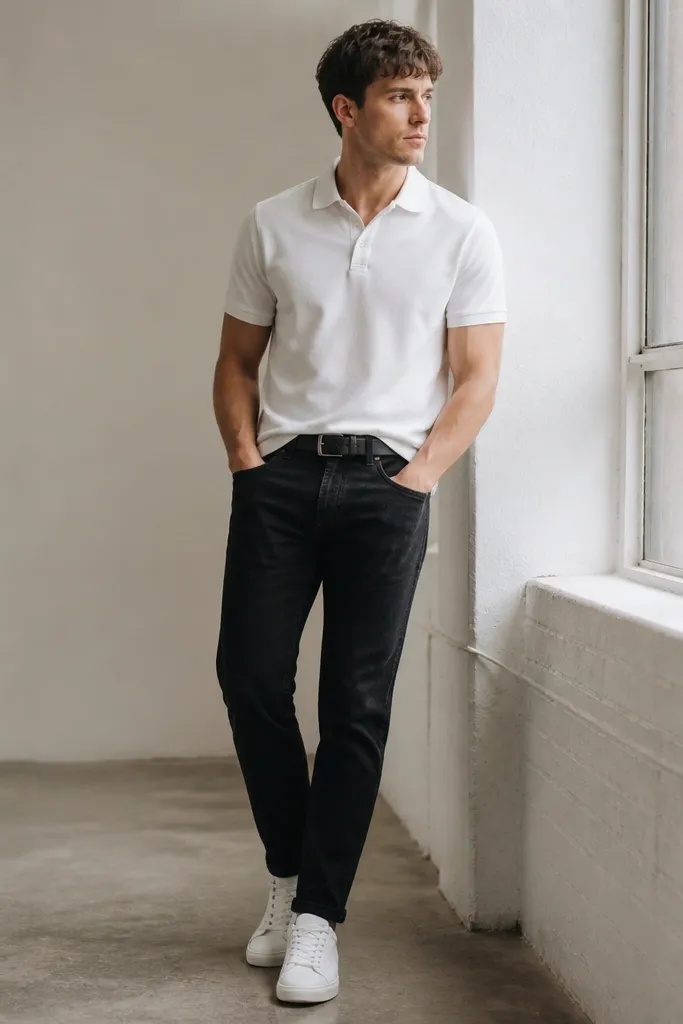 A white polo tucked slightly in the front into black jeans with a tapered leg. White leather sneakers and a minimal black belt are visible.