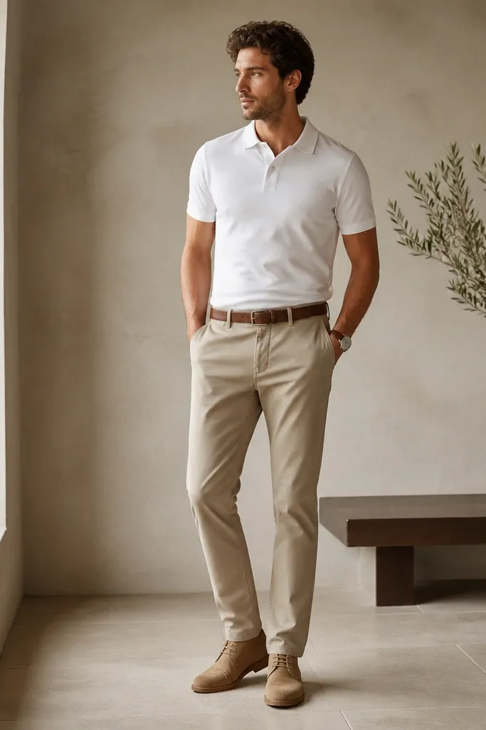 A white polo tucked into stone-colored chinos. Suede desert boots in tan sit below. The outfit includes a light brown belt and a simple bracelet watch.