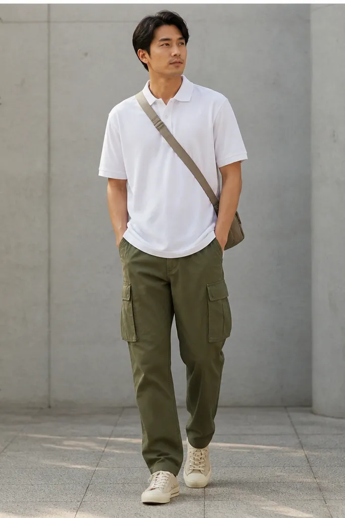 A white polo worn untucked over olive cargo pants with a structured pocket shape. Canvas sneakers in off-white and a crossbody bag strap across the chest.