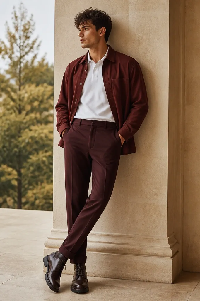 A white polo tucked into dark maroon trousers with a maroon overshirt worn open. The overshirt fabric looks slightly brushed. Dark boots complete the outfit.