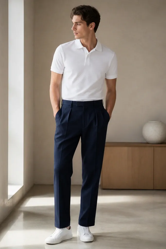 A white polo tucked into navy pleated trousers. The trousers have visible pleats and a clean hem. White low-top sneakers sit under the hem.