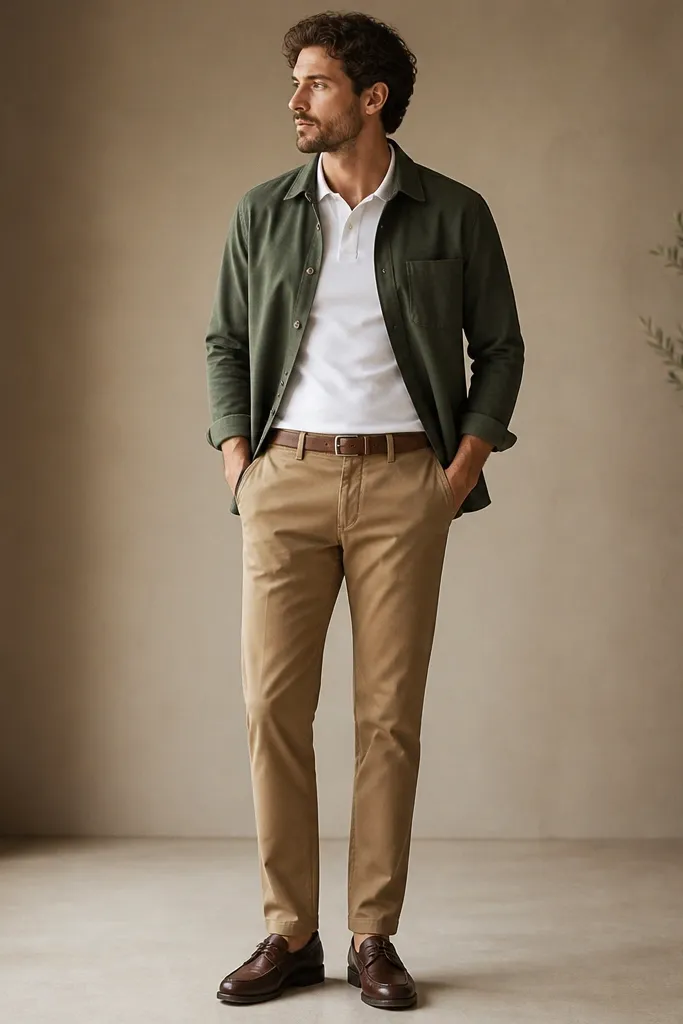 A white polo tucked into camel chinos with a dark green overshirt worn open. The overshirt has a button front and a slightly rugged texture. Brown leather shoes finish it.