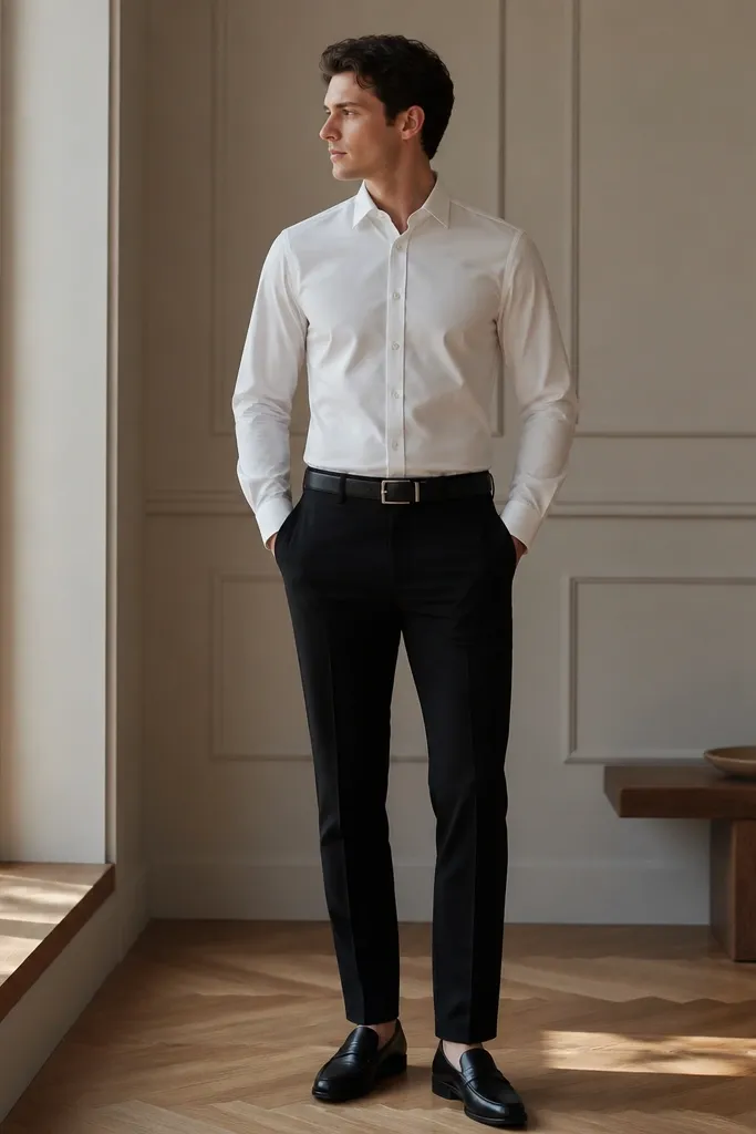 A man in a neatly buttoned white shirt tucked into black chinos, belt visible, wearing black leather loafers. The shirt sleeves are down and the collar sits flat.