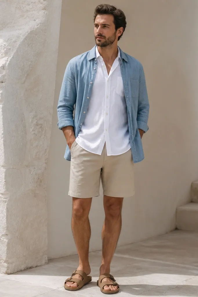 A man wearing a white short-sleeve button-up under a light blue chambray overshirt worn open, paired with beige shorts and tan sandals. The overshirt sleeves are rolled once.