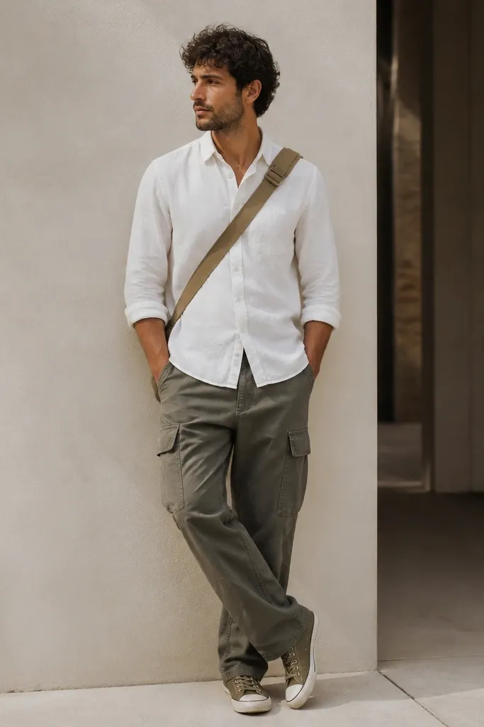 A man wearing a white button-up with sleeves rolled to the forearm, untucked over olive cargo pants. He has olive drab canvas sneakers and a crossbody bag strap across his chest.