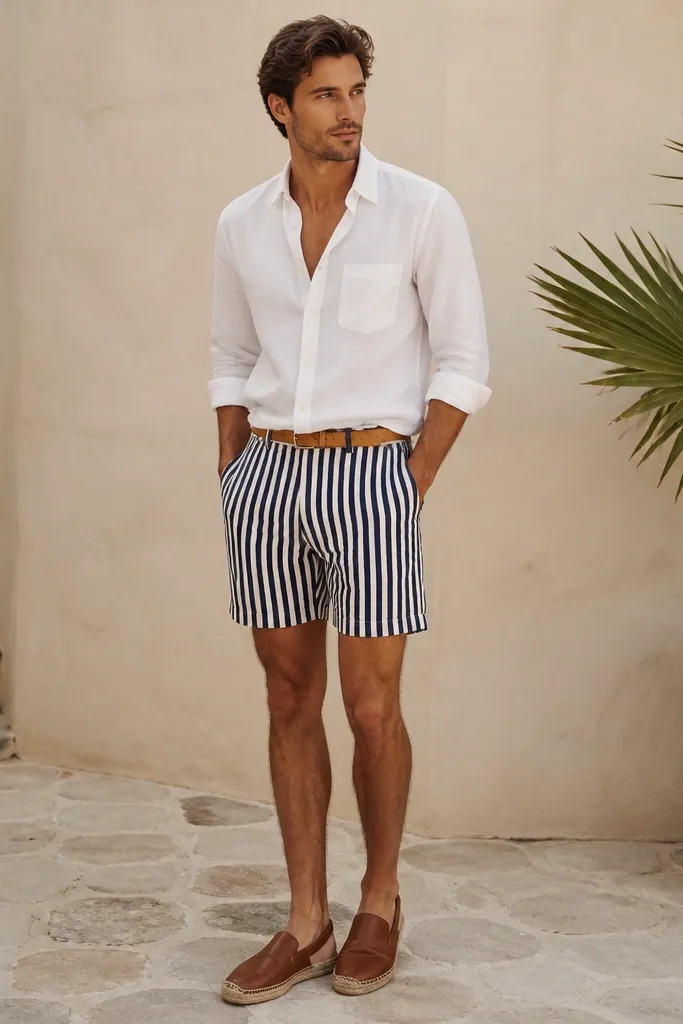 A man in a white shirt partially tucked into navy and white striped shorts, with a belt in tan. He wears brown leather espadrilles and keeps the shirt collar open.