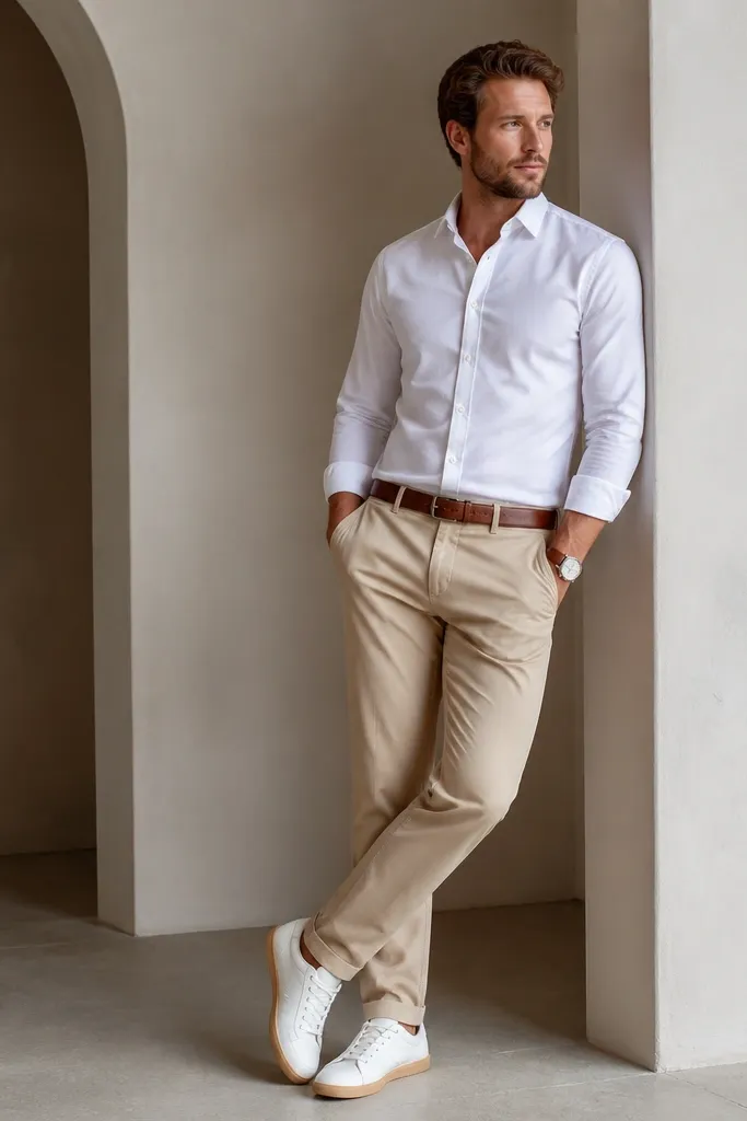 A man wearing a white long-sleeve shirt tucked into beige chinos, brown leather belt visible, brown leather watch strap. He wears white sneakers with gum soles.