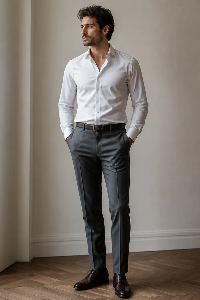 A man wearing a white dress shirt with the top button undone, tucked into tailored gray trousers. He wears dark brown leather derbies and a slim belt.