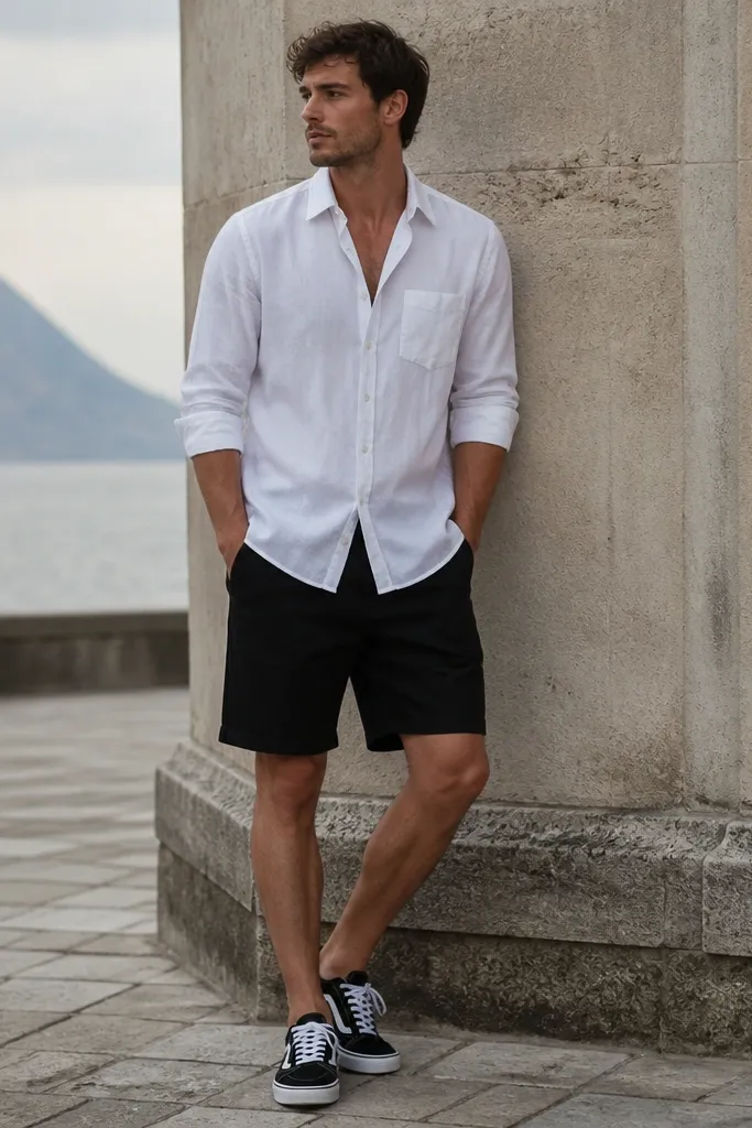 A man wearing a white button-up with sleeves rolled up, untucked over black knee-length shorts. He wears black-and-white sneakers and keeps the shirt slightly open at the collar.
